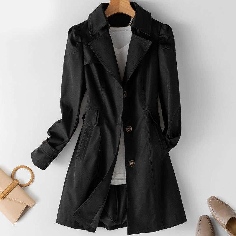 Women's Padded Shoulder One-Button Trench Coat