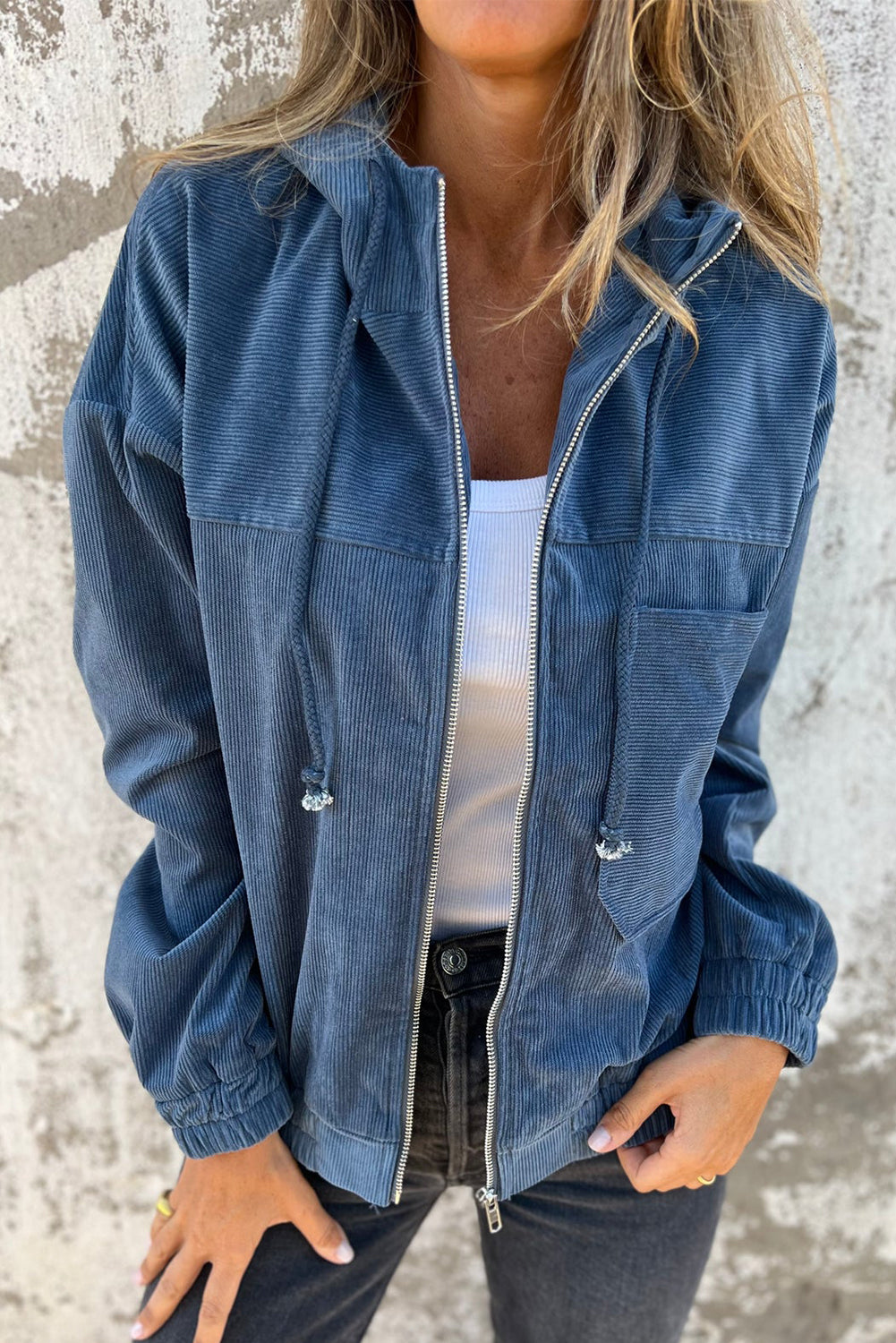 Teal Hooded Jacket with Zipper and Drawstring