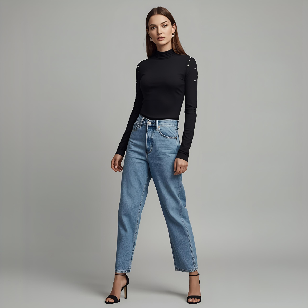 NOIRELLE | Black Long Sleeve Turtleneck with Pearl Details