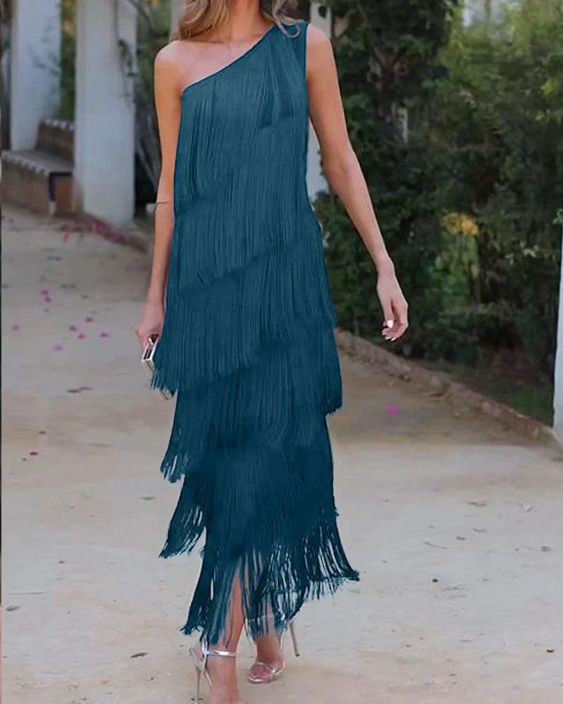 Stylish Open-Shoulder Fringe Dress
