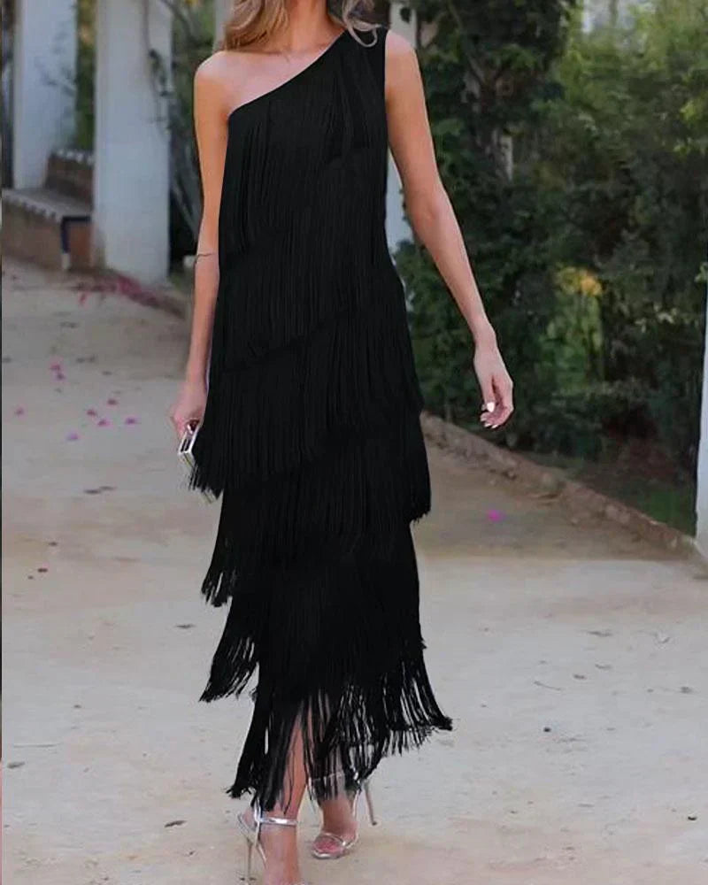 Stylish Open-Shoulder Fringe Dress