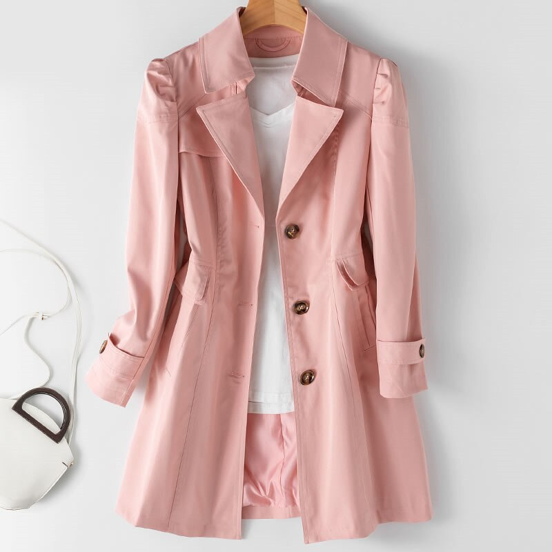 Women's Padded Shoulder One-Button Trench Coat
