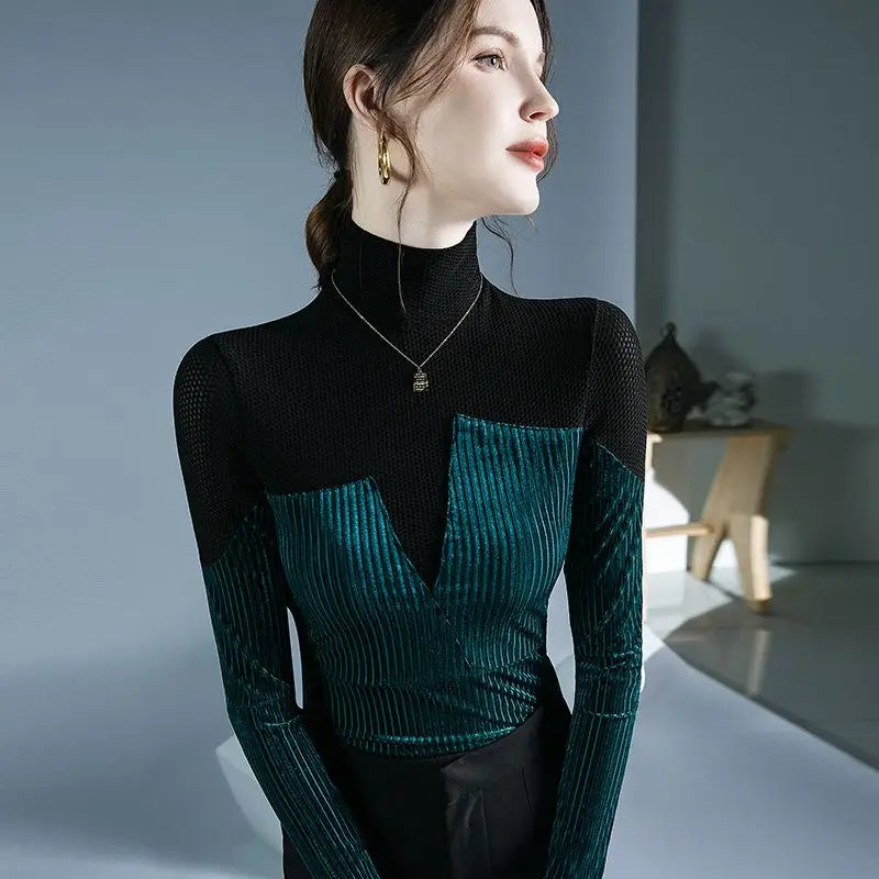 Stylish Velvet Patchwork Turtleneck Knit