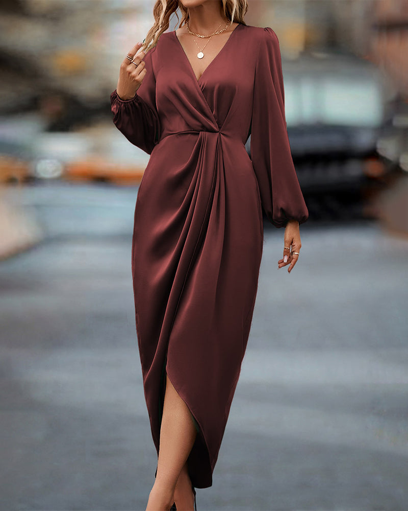 Gracia - Chic V-Neck Dress Featuring Elegant Lantern Sleeves