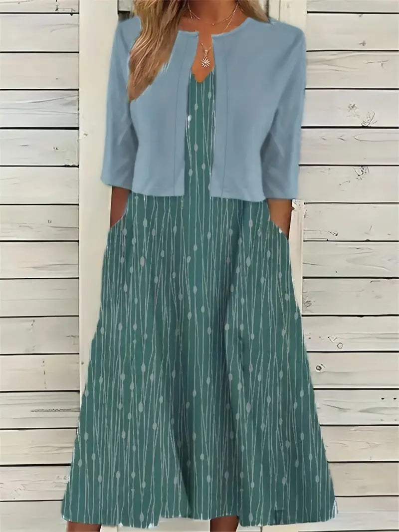 Stylish Two-Piece Floral Dress Set with Solid Crop Top and Round Neckline