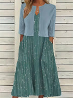 Stylish Two-Piece Floral Dress Set with Solid Crop Top and Round Neckline