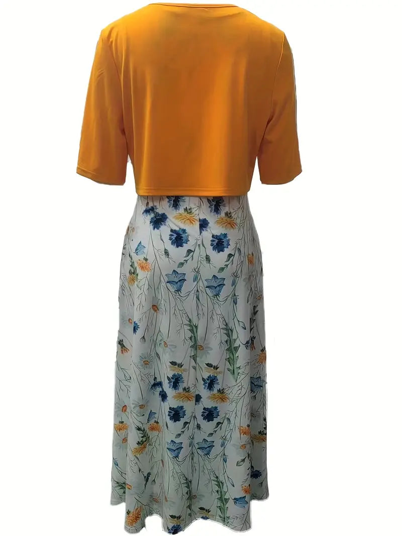 Stylish Two-Piece Floral Dress Set with Solid Crop Top and Round Neckline