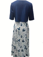 Stylish Two-Piece Floral Dress Set with Solid Crop Top and Round Neckline