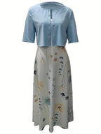 Stylish Two-Piece Floral Dress Set with Solid Crop Top and Round Neckline
