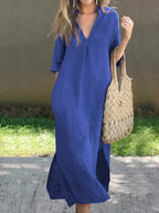 V-Neck Solid Color Dress for Women with Convenient Pockets