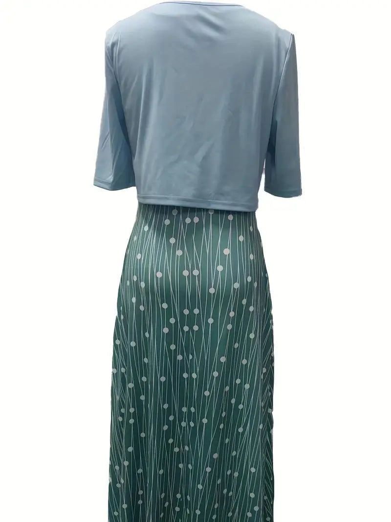 Stylish Two-Piece Floral Dress Set with Solid Crop Top and Round Neckline