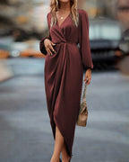 Gracia - Chic V-Neck Dress Featuring Elegant Lantern Sleeves