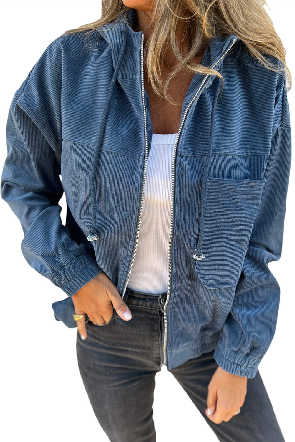 Teal Hooded Jacket with Zipper and Drawstring