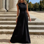 Elegant Women's Long Sleeve V-Neck Maxi Dress - Solid Color Evening Gown
