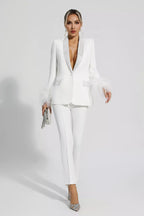 Diamond-Embellished Blazer Set with Feather Accents