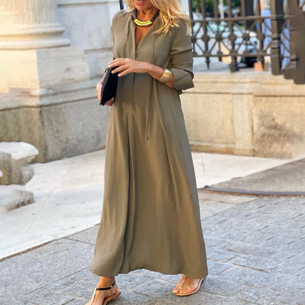 Stylish V-Neck Maxi Dress for Summer with Elbow-Length Sleeves