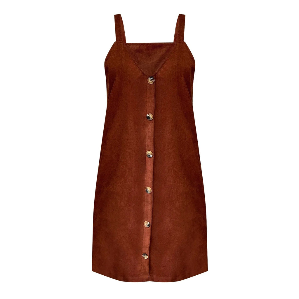 V-Neck Corduroy Dress with Strappy Details and Button Embellishments