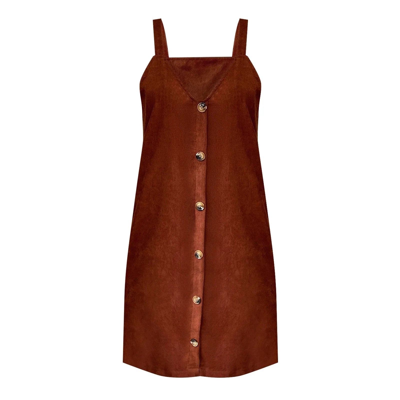 V-Neck Corduroy Dress with Strappy Details and Button Embellishments