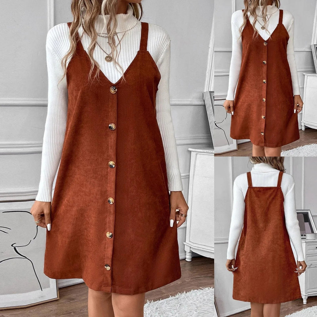 V-Neck Corduroy Dress with Strappy Details and Button Embellishments