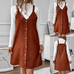 V-Neck Corduroy Dress with Strappy Details and Button Embellishments