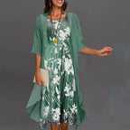 Chic Floral-Patterned Dress with Three-Quarter Sleeves