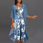Chic Floral-Patterned Dress with Three-Quarter Sleeves
