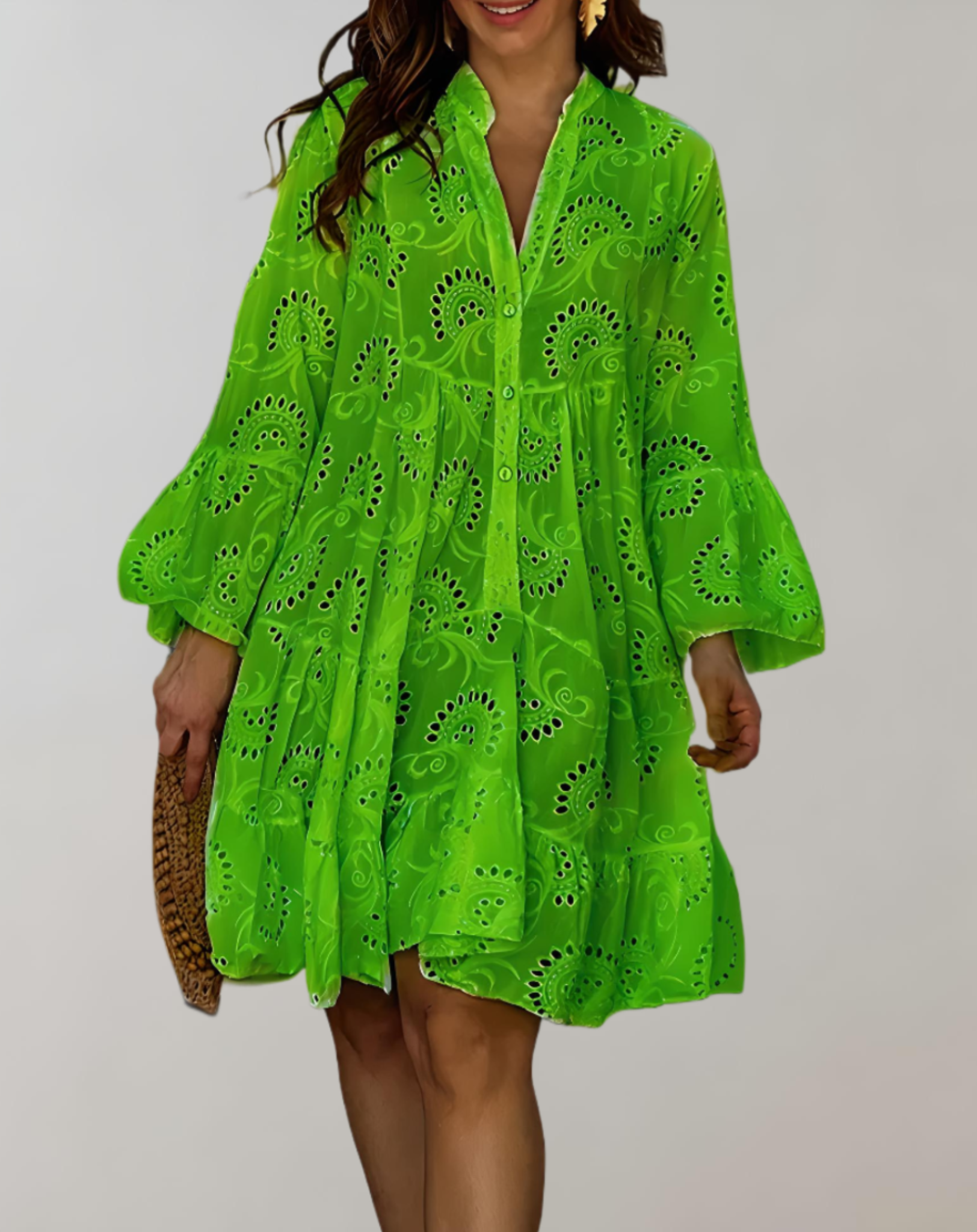 Elegant V-Neck Embroidered Dress with Bell Sleeves for Easy Comfort