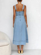 Button-Up Denim Midi Dress with Casual Strap Design