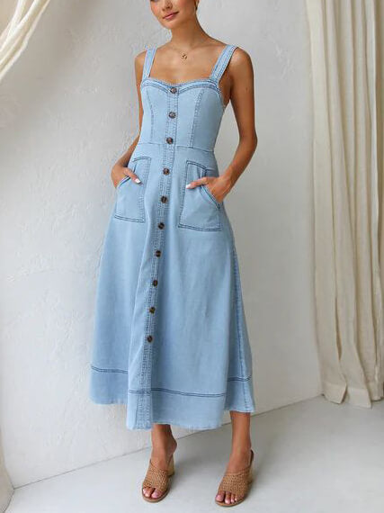 Button-Up Denim Midi Dress with Casual Strap Design