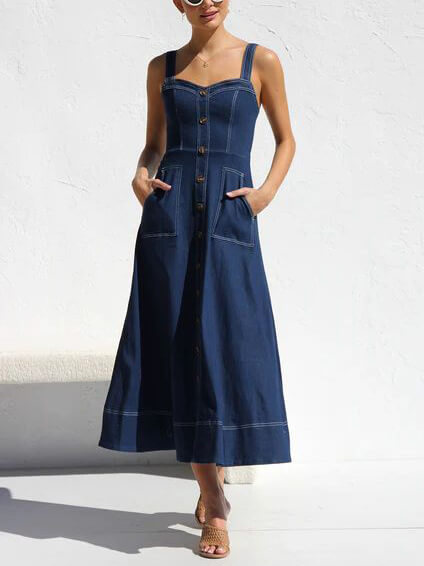 Button-Up Denim Midi Dress with Casual Strap Design