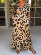 Women's V-Neck Leopard Print Dress Ensemble