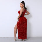 Chic One-Shoulder Sequin Dress with High Slit