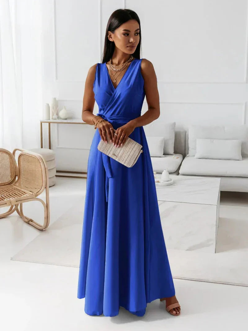 Solid Color V-Neck Maxi Dress for Women