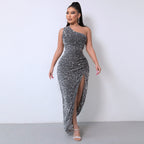 Chic One-Shoulder Sequin Dress with High Slit