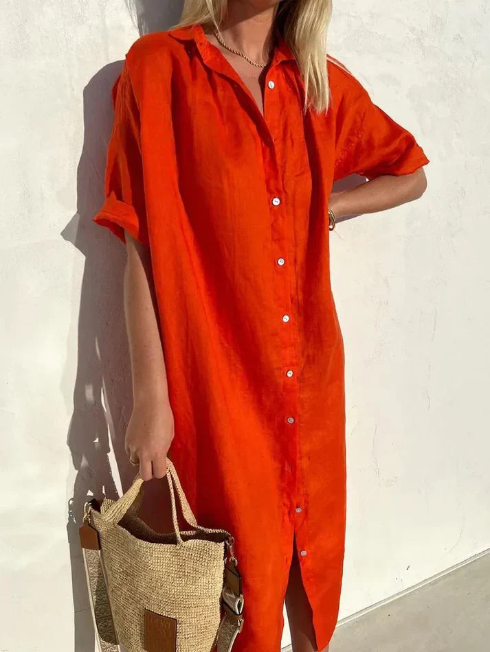Stylish Women's Casual Dress with Wide Sleeves and Button Accents, Made from Cotton and Linen