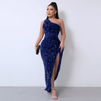 Chic One-Shoulder Sequin Dress with High Slit