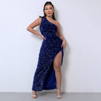 Chic One-Shoulder Sequin Dress with High Slit