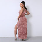 Chic One-Shoulder Sequin Dress with High Slit