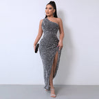 Chic One-Shoulder Sequin Dress with High Slit