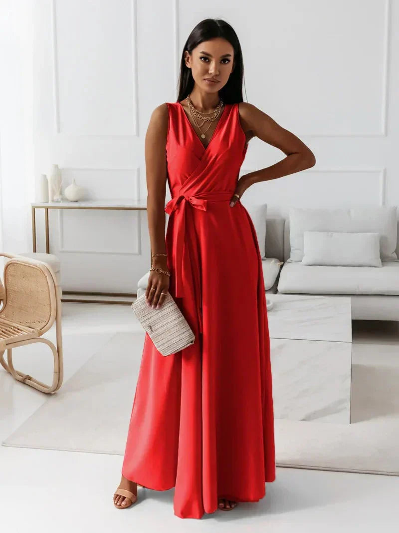 Solid Color V-Neck Maxi Dress for Women