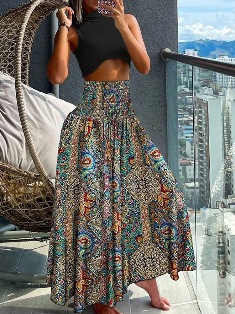 Chic High-Waisted A-Line Skirt with Elastic Waist and Elegant Flow