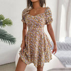 Floral Puff Sleeve Dress with Square Neckline