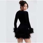 Chic Sheath Dress Featuring Feather-Trimmed Sleeves