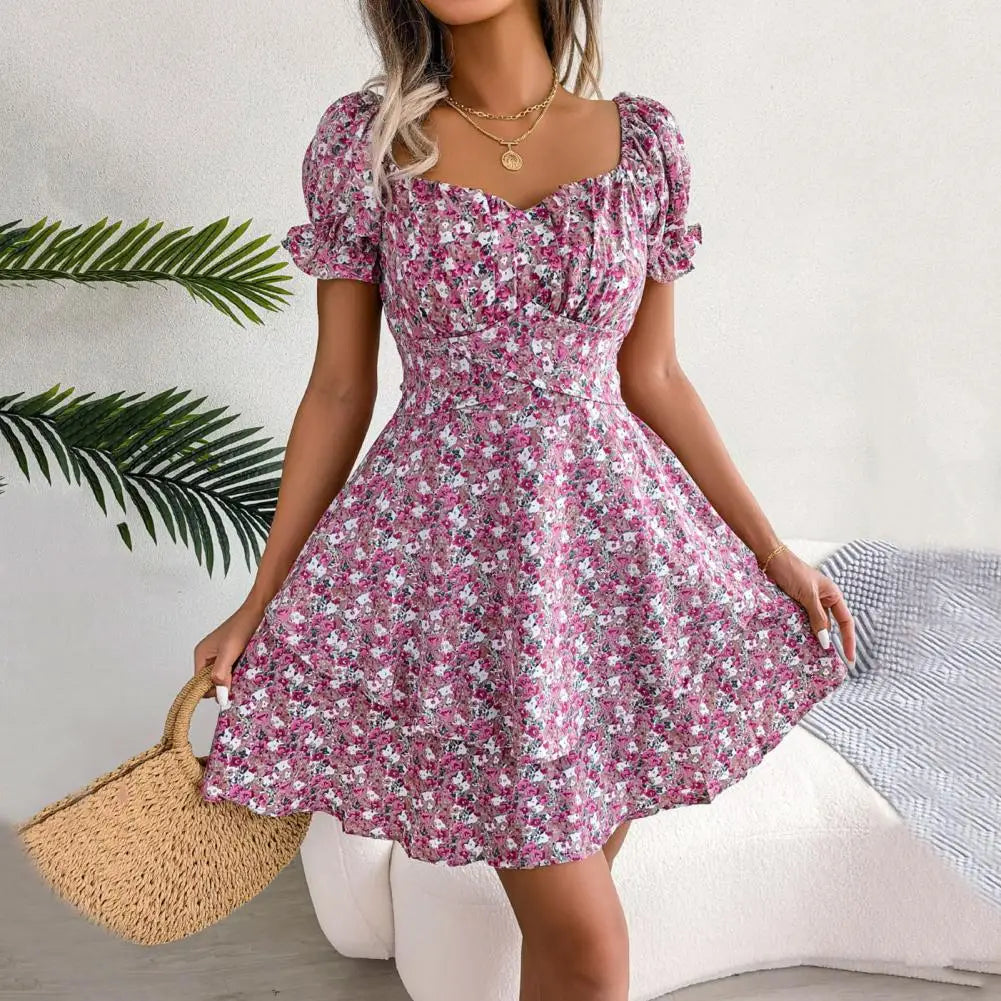 Floral Puff Sleeve Dress with Square Neckline