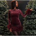 Chic Sheath Dress Featuring Feather-Trimmed Sleeves