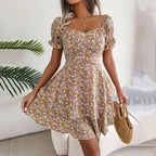 Floral Puff Sleeve Dress with Square Neckline