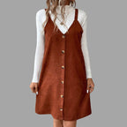 V-Neck Corduroy Dress with Strappy Details and Button Embellishments