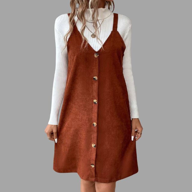 V-Neck Corduroy Dress with Strappy Details and Button Embellishments