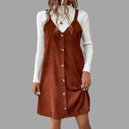 V-Neck Corduroy Dress with Strappy Details and Button Embellishments