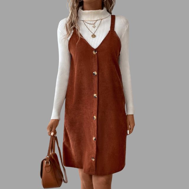 V-Neck Corduroy Dress with Strappy Details and Button Embellishments
